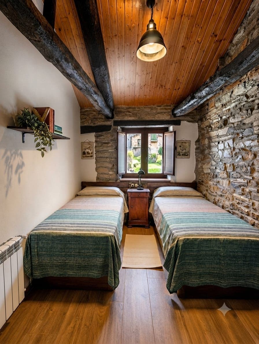 Suite Laurel: dos camas individuales con colchas verdes, ventana de madera y muro de piedra